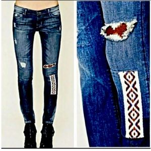 Free People x Artisan De Luxe Funky Boho Patchwork Denim Skinny Jeans Sz 31
